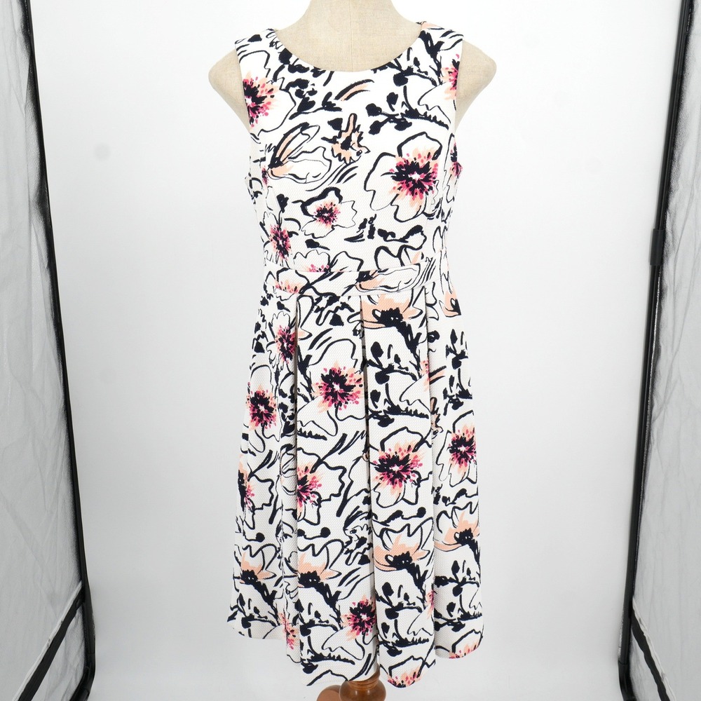 Karl Lagerfeld Paris Floral Fit and Flare Dress‎ Womens 8 White Navy Peach Pique